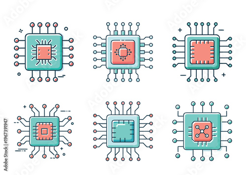 Six differently styled Microprocessors with vibrant colors and white background, showcasing vector graphics