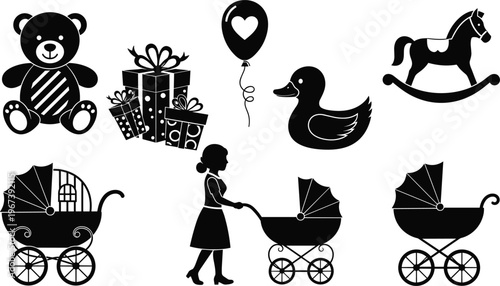 Baby and Toy Icons Set Featuring Teddy Bear, Gifts, Balloons, Duck, Rocking Horse, Stroller, and Baby Care for Children and Parenting Designs