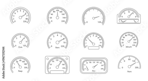 Collection of black and white line art gauges and instrument panels