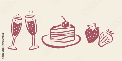 Dessert and champagne doodle icon set hand drawn vector illustration