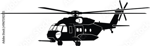 Helicopter silhouette, military transport aircraft flying, rescue or army aviation concept, chopper vehicle illustration isolated on white background vector design