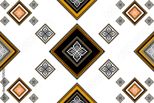 Seamless ethnic geometric pattern with repeating diamond and decorative motifs in vibrant colors. Bold symmetrical design ideal for textile, fabric, wallpaper, fashion prints, and surface decor.