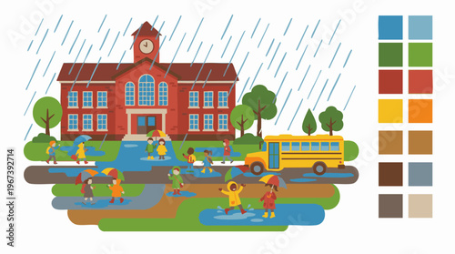 Happy children playing in rain with umbrellas outside school building