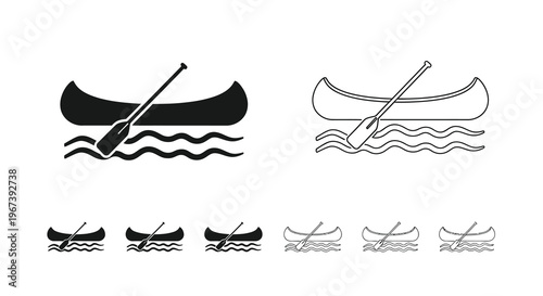 Two canoe illustrations solid black and white line art with variations