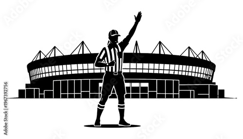 Referee silhouette illustration in front of a large stadium