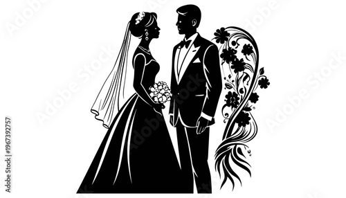 Wedding couple silhouette illustration with floral decorations on white background