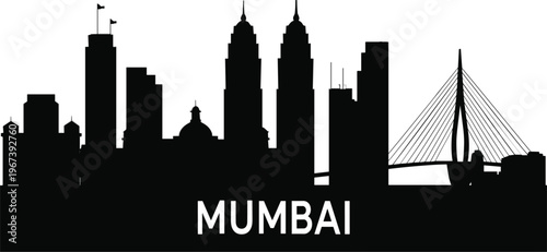 Mumbai India city skyline vector silhouette, famous landmarks and buildings travel destination design element, Asia