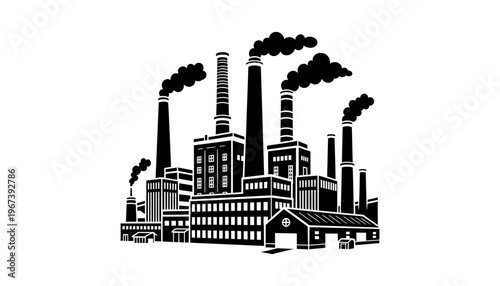 Factory industrial silhouette vector illustration with smokestacks and buildings