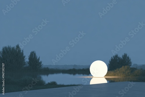 A large white ball sitting atop a body of water surrounded by lush green grass and trees with a bright blue sky in the background.