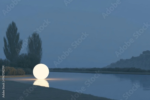 A white ball sitting on the side of a road next to a body of water surrounded by trees and a hill in the background. the sky is visible at the top of the creating a peaceful atmosphere.