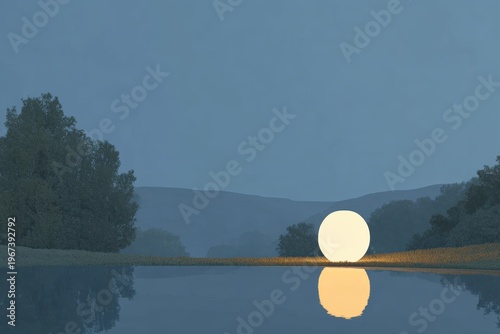 A white ball floating in the middle of a lake surrounded by trees and hills in the background. the sky is visible at the top of the creating a peaceful atmosphere.