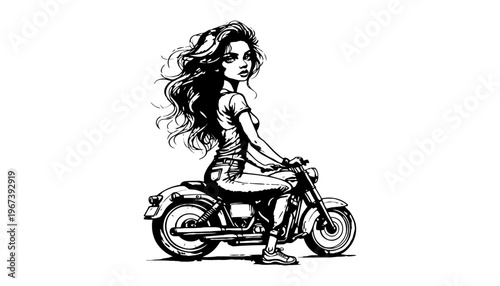 A woman riding a motorcycle with long hair flowing in the wind