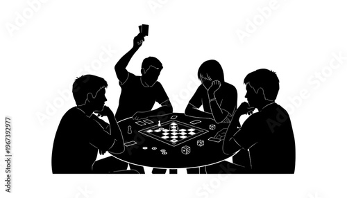 A black silhouette of four friends playing a board game together