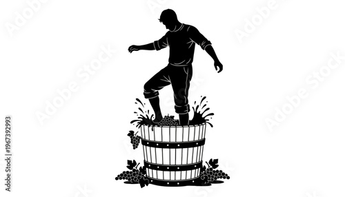 A man silhouette crushing grapes in a wooden barrel illustration
