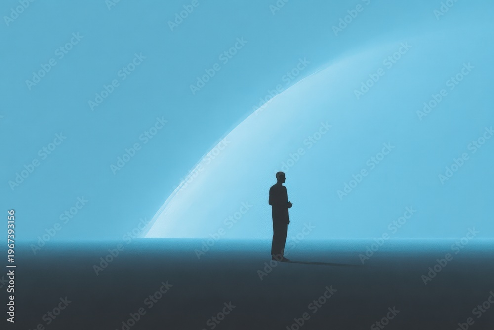 Fototapeta premium A man standing in front of a blue planet with the sky in the background. the man appears to be looking up at the planet as if he is admiring its beauty.