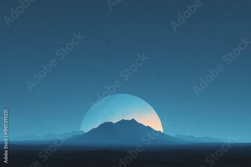 A majestic mountain in the middle of a desert at night illuminated by a full moon in the sky. the ground is visible at the bottom of the and the sky is filled with stars creating a and serene.