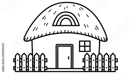 Country cottage house line art with thatched roof and wooden fence.