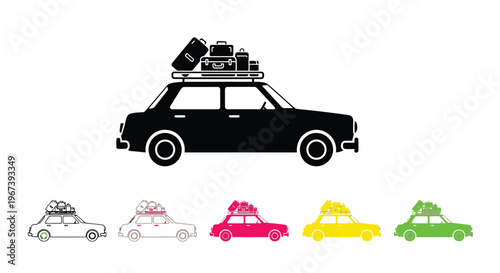 Black silhouette of a car loaded with luggage on its roof rack