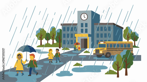 School children walking in the rain with umbrellas and school bus