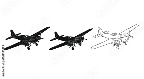 Three depictions of a vintage biplane aircraft in varying detail
