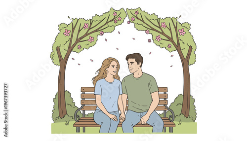 A loving couple sitting on a park bench under blooming trees