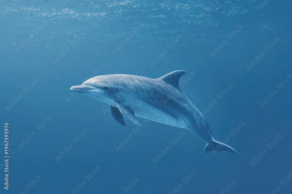 Fototapeta premium The is a of a dolphin swimming in the ocean. the dolphin is in the center of the with its body facing towards the right side of the frame. it appears to be in midflight with the water surrounding it.