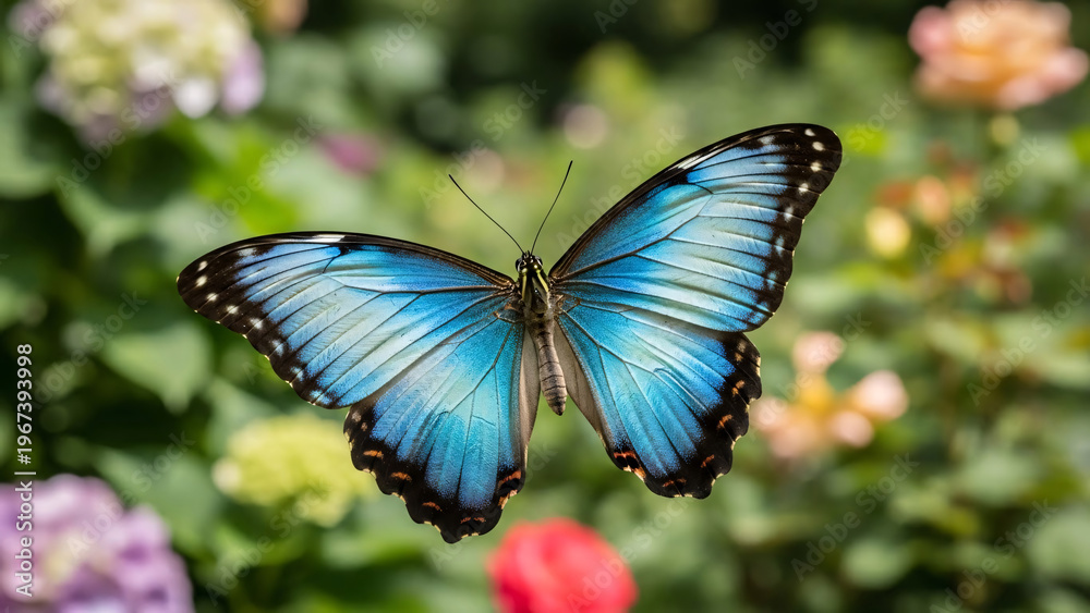 Fototapeta premium Blue Morpho Butterfly in Flight Among Flowers