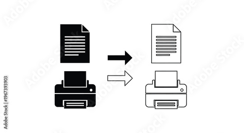 Document printing process illustrated with printer and paper icons