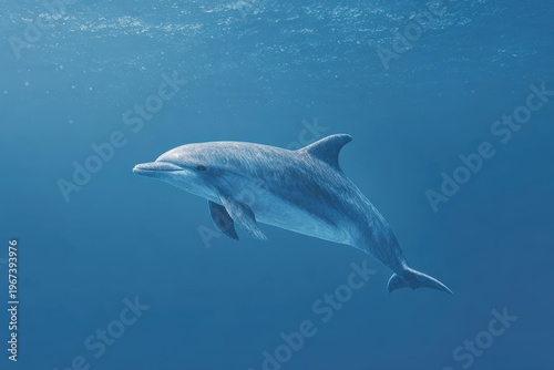 The is a of a dolphin swimming in the ocean. the dolphin is in the center of the with its body facing towards the right side of the frame. it appears to be in midflight with the water surrounding it.