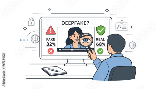 A man analyzing a deepfake video on his computer screen closely