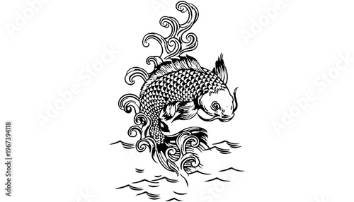 Koi fish illustration jumping out of water with wave design
