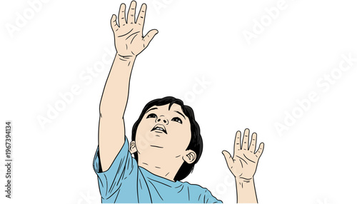 A cartoon boy raising his hands in a gesture of excitement or celebration