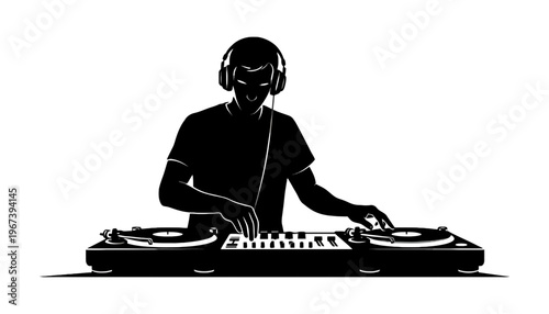 A DJ silhouette illustration mixing music with headphones on a turntable