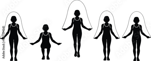 Black silhouette vector illustration of jump rope exercise symbolizing fitness, motion, and physical activity