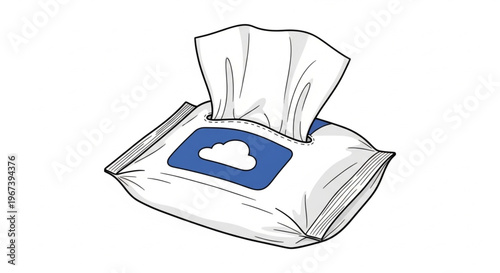 Open package of baby wipes or antibacterial moist tissues, hand-drawn style vector illustration.