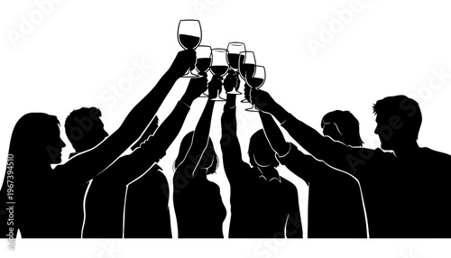 A group of people silhouette toasting with wine glasses together