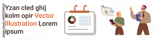 Business strategy, teamwork, project management, data analysis, planning, collaboration. A calendar and two people analyzing data. Business strategy and teamwork concept