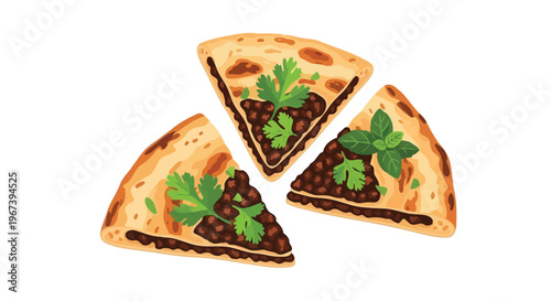 An illustration of three slices of pizza with beans and herbs on top