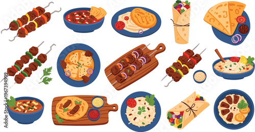 Middle Eastern Food Vector Set with Kebab, Shawarma, Hummus, Pita Bread, Rice, and Traditional Dishes for Restaurant Menu and Cuisine Illustration Design