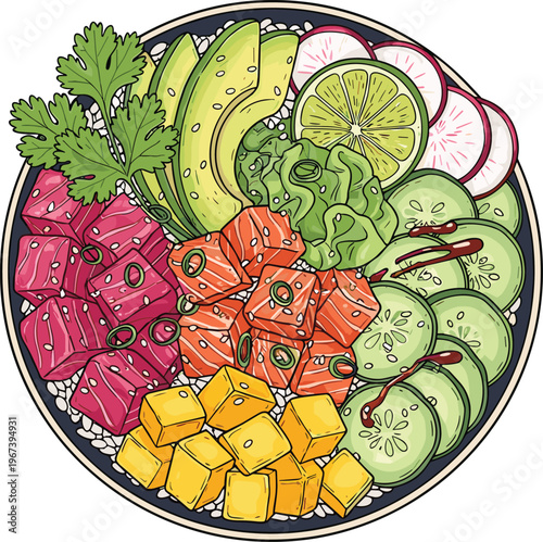 Poke Bowl Icon Set Featuring Tuna, Salmon, Mango, Avocado, and Fresh Vegetables for Healthy Eating and Japanese Cuisine Designs