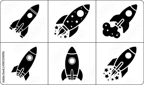 Six identical black and white rocket icons with unique design variations arranged in rows on clean white background