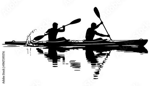 Kayak vector silhouette of two people paddling on calm water