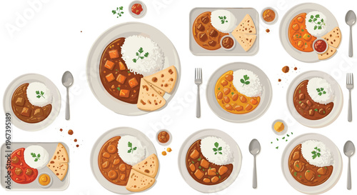 Indian Curry Food Vector Set with Rice, Naan Bread, and Various Spicy Dishes on Plates for Restaurant Menu, Cuisine Illustration, and Traditional Meal Design