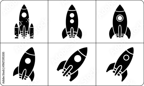 Six square panels with simple black rocket silhouettes varying slightly in design and orientation on white