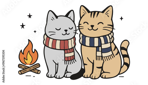 A cute cartoon illustration of two cats sitting by a campfire