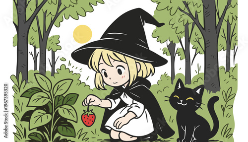 A little witch girl picking a strawberry with her black cat