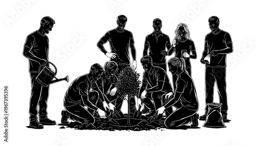 Tree planting team working together in a collaborative black and white illustration