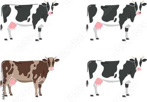 Set of Cartoon Black, White, and Brown Cows with Different Poses for Farm, Animal, and Livestock Illustrations