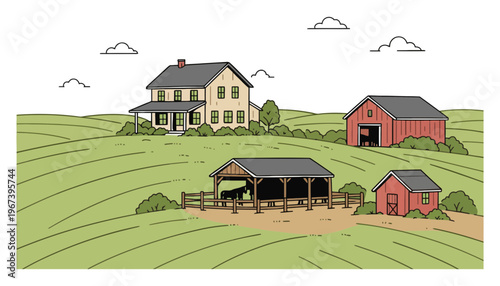Farmhouse vector illustration with rural landscape and barn buildings