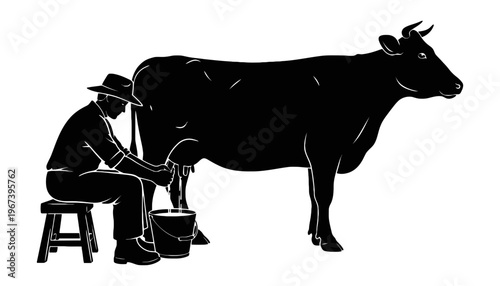 Cow milking vector silhouette of a farmer and black cow